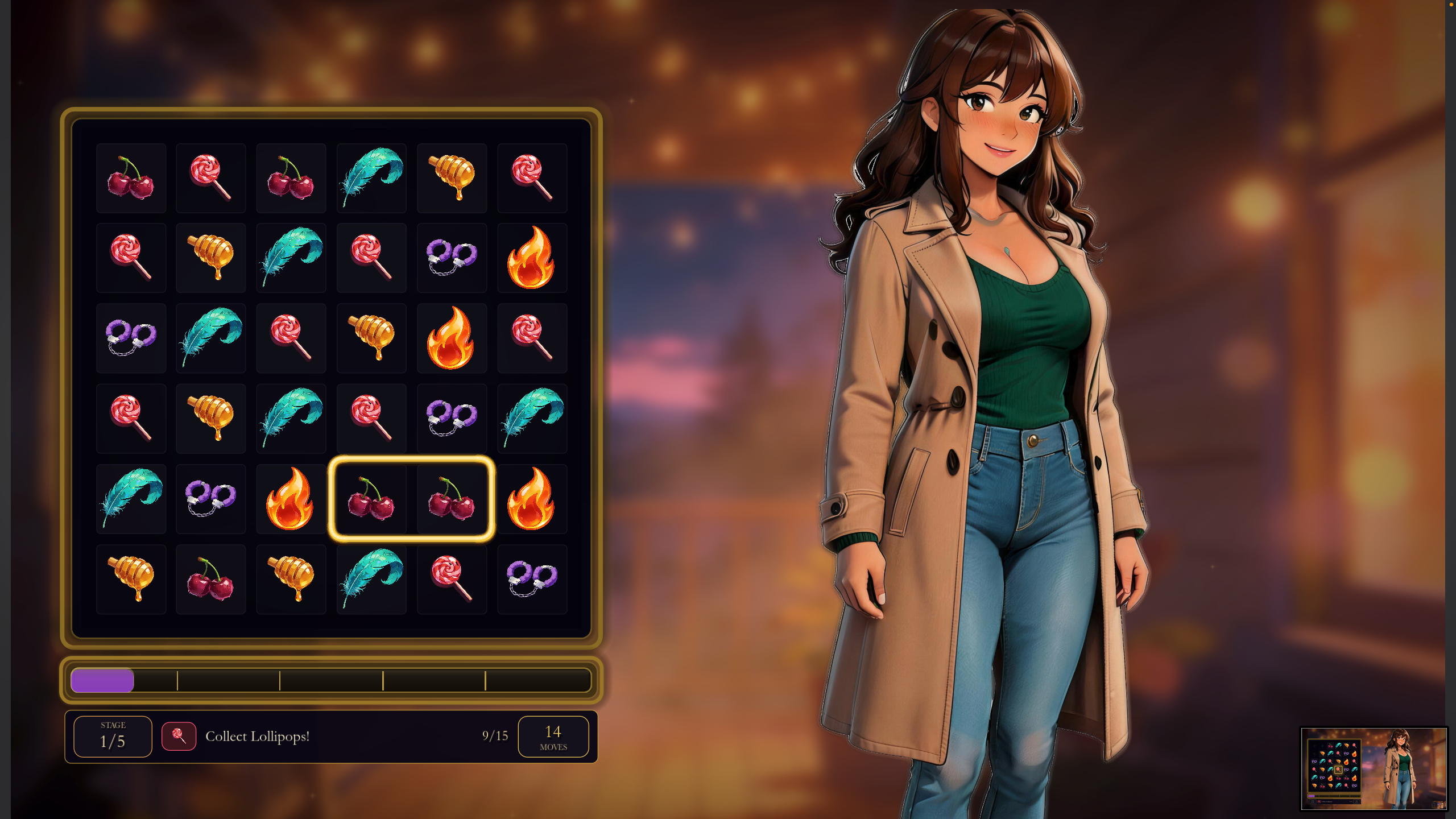 Velvet gameplay screenshot showing Elena beside a lollipop objective board.
