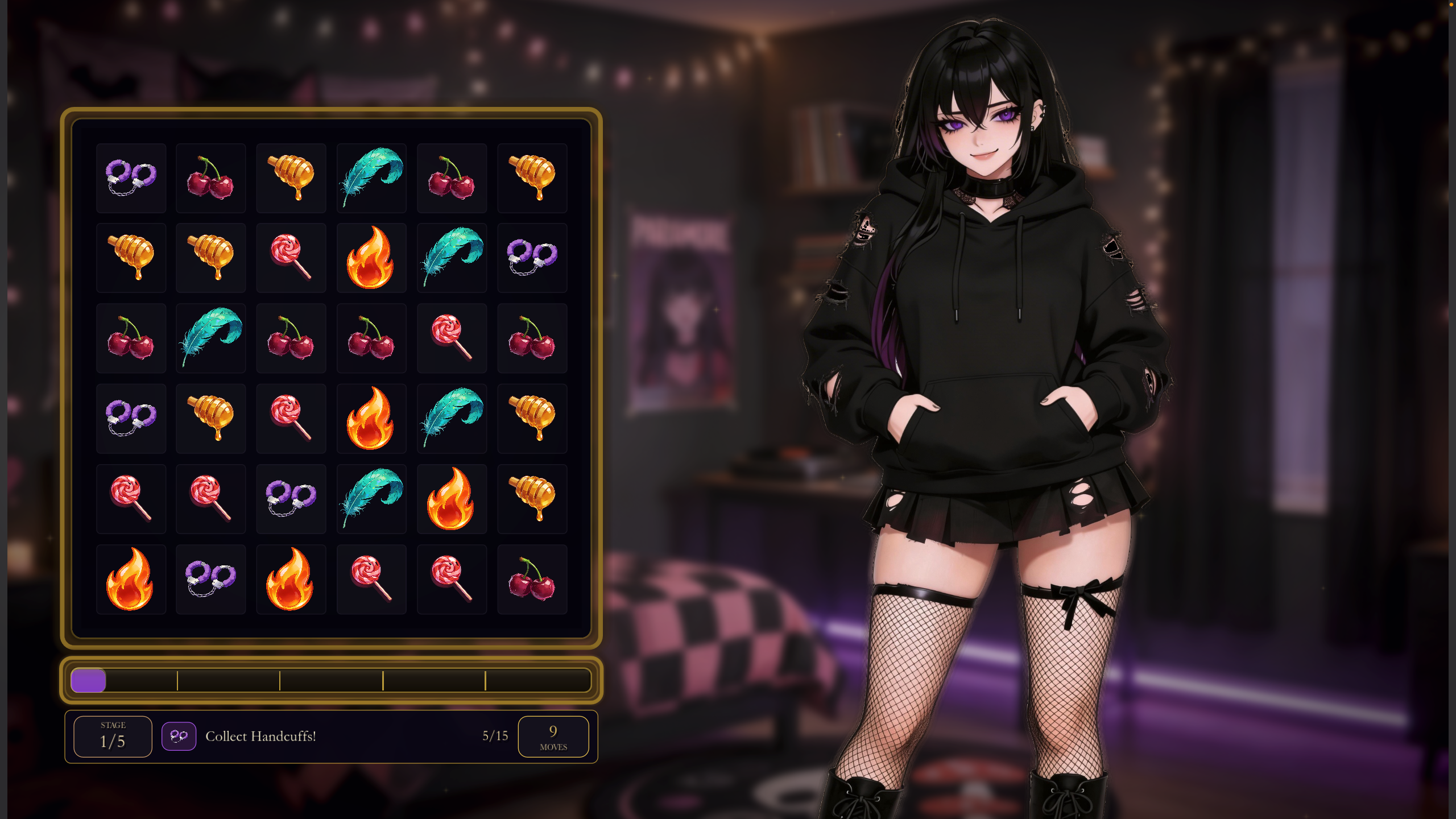 Velvet gameplay screenshot with Raven beside a later handcuff route board.